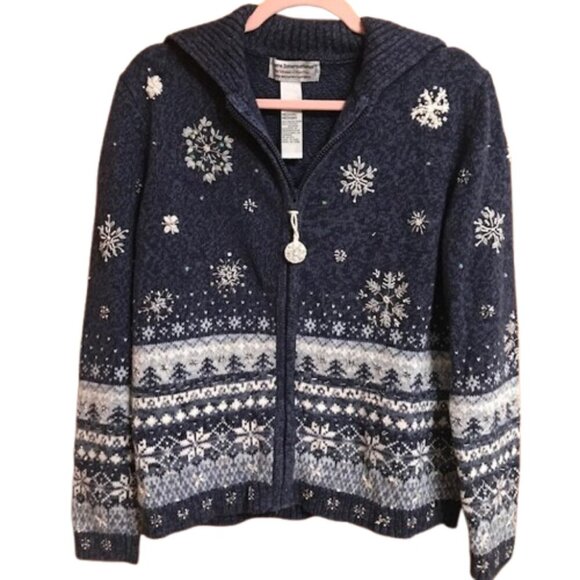Tiara International Women's Blue & White Snowflake Zip-Up Holiday Sweater Medium - Picture 1 of 8